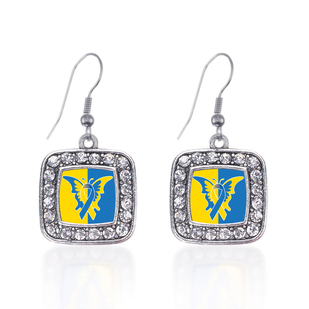 Silver Down Syndrome Awareness Square Charm Dangle Earrings