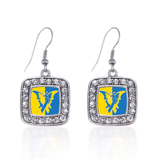 Silver Down Syndrome Awareness Square Charm Dangle Earrings