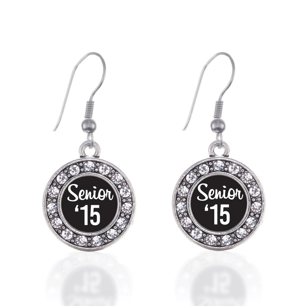 Silver Senior '15 Circle Charm Dangle Earrings