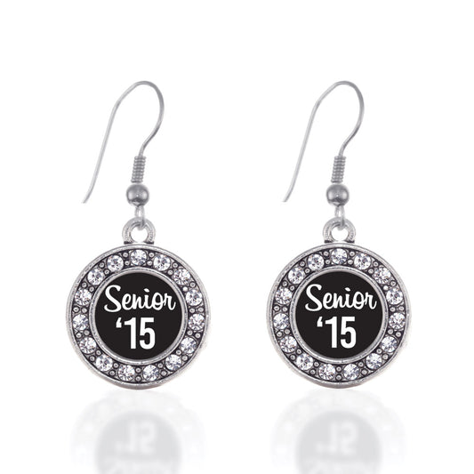 Silver Senior '15 Circle Charm Dangle Earrings