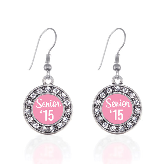 Silver Pink Senior '15 Circle Charm Dangle Earrings