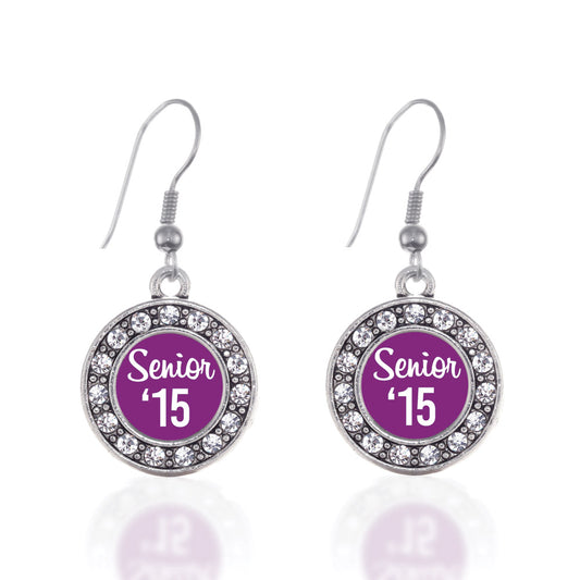 Silver Purple Senior '15 Circle Charm Dangle Earrings