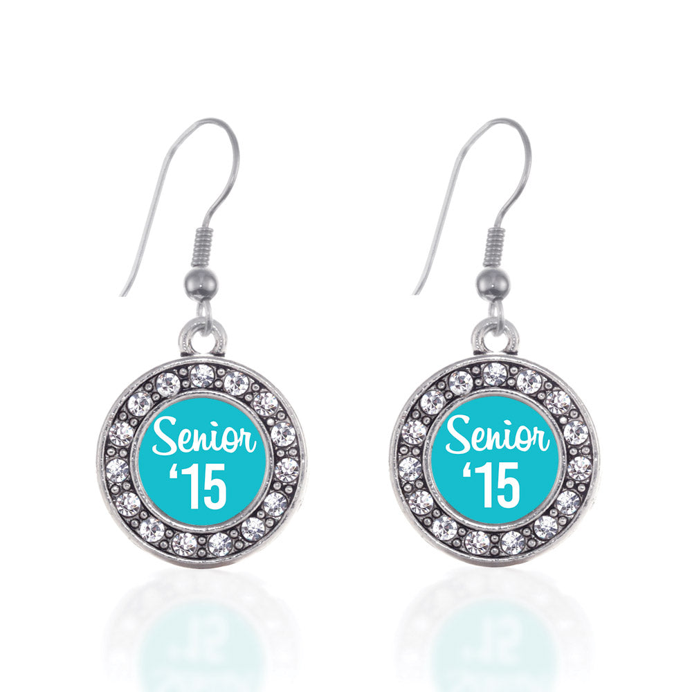 Silver Teal Senior '15 Circle Charm Dangle Earrings