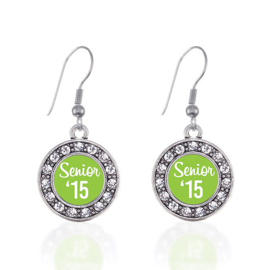 Silver Lime Green Senior '15 Circle Charm Dangle Earrings