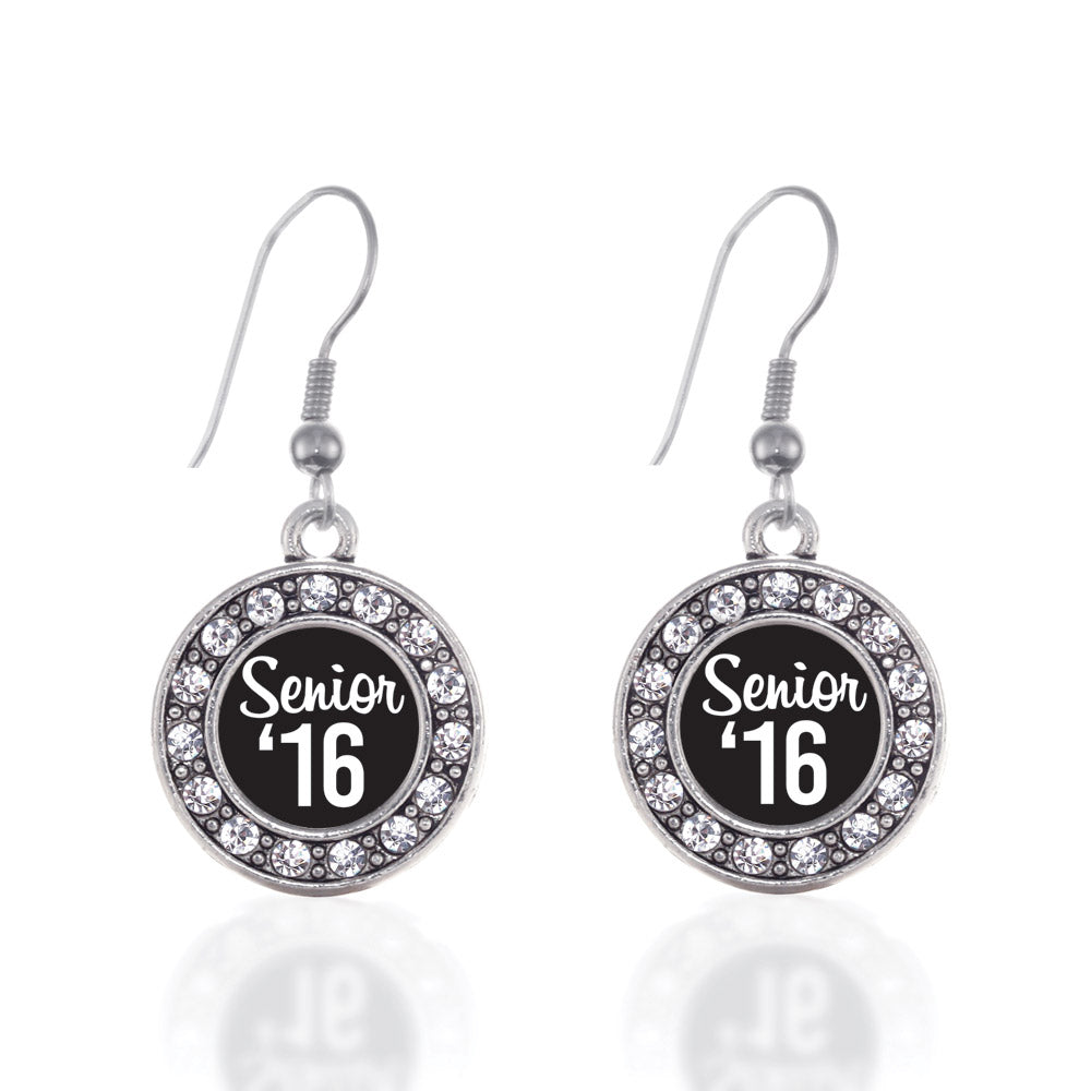 Silver Senior '16 Circle Charm Dangle Earrings