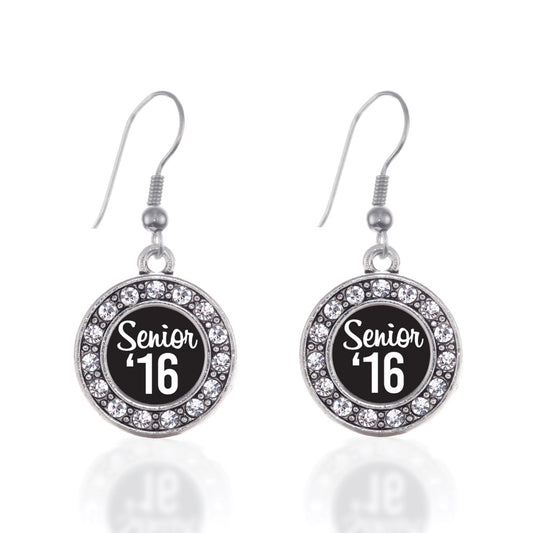 Silver Senior '16 Circle Charm Dangle Earrings