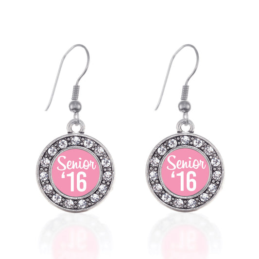Silver Pink Senior '16 Circle Charm Dangle Earrings