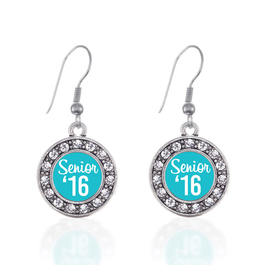 Silver Teal Senior '16 Circle Charm Dangle Earrings