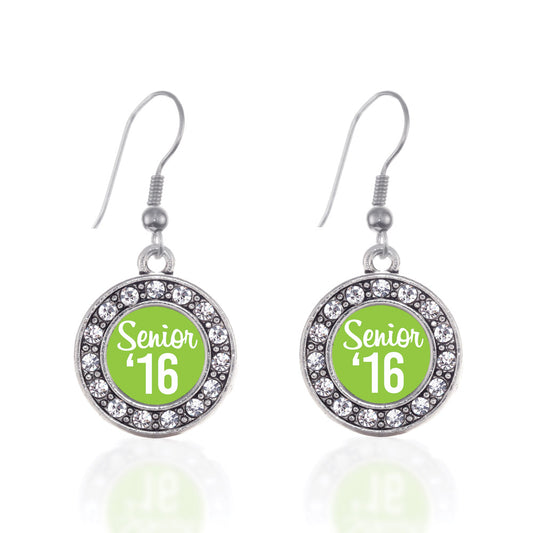 Silver Lime Green Senior '16 Circle Charm Dangle Earrings