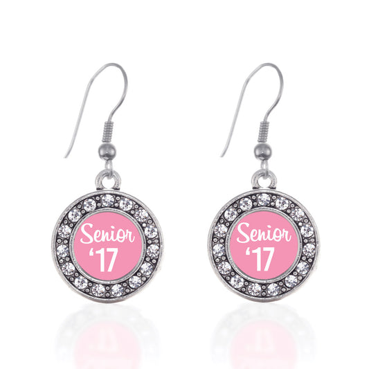 Silver Pink Senior '17 Circle Charm Dangle Earrings