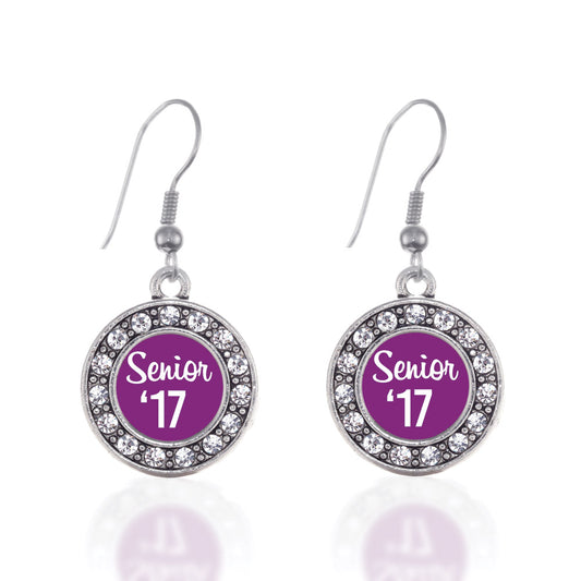 Silver Purple Senior '17 Circle Charm Dangle Earrings