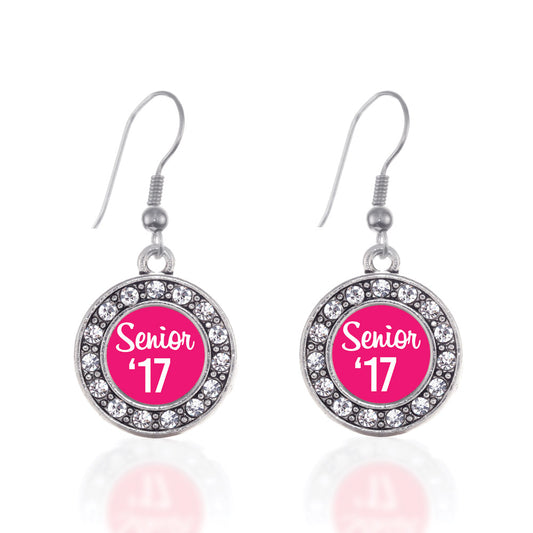 Silver Fuchsia Senior '17 Circle Charm Dangle Earrings