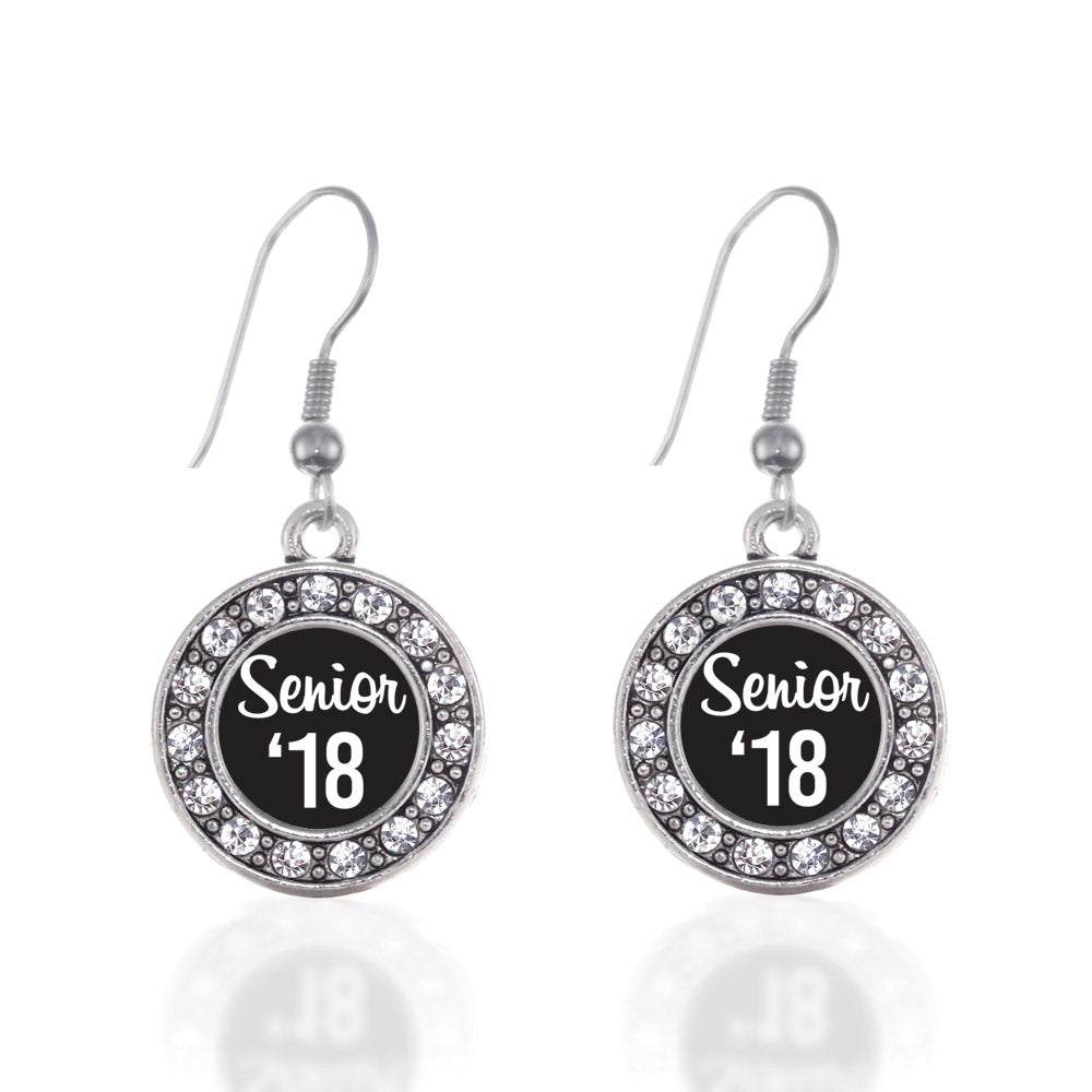 Silver Senior '18 Circle Charm Dangle Earrings