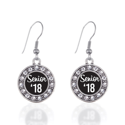 Silver Senior '18 Circle Charm Dangle Earrings