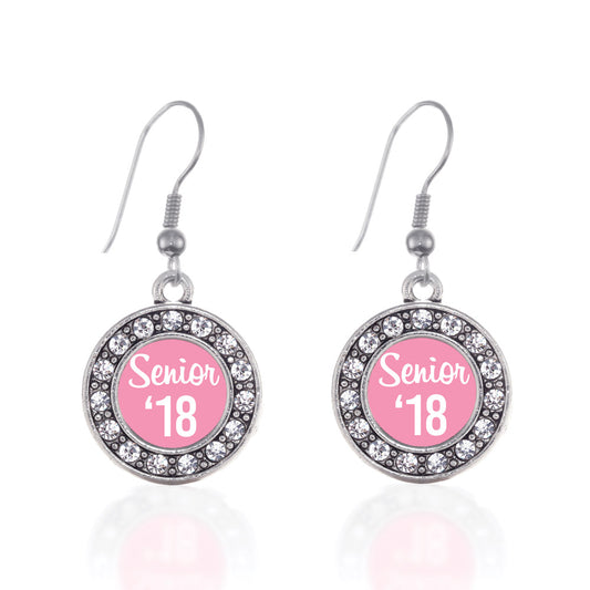 Silver Pink Senior '18 Circle Charm Dangle Earrings