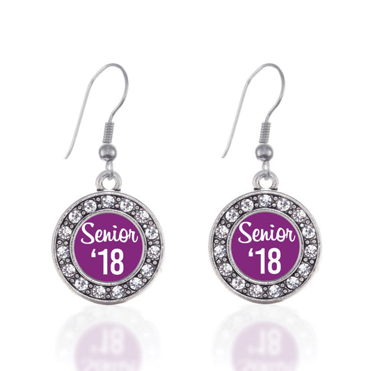 Silver Purple Senior '18 Circle Charm Dangle Earrings