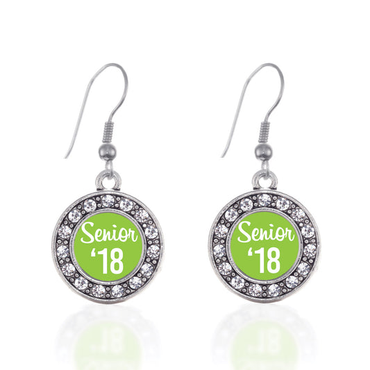 Silver Lime Green Senior '18 Circle Charm Dangle Earrings