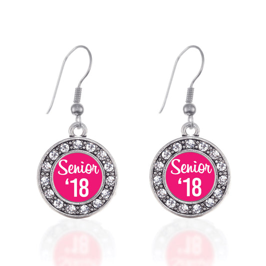 Silver Fuchsia Senior '18 Circle Charm Dangle Earrings