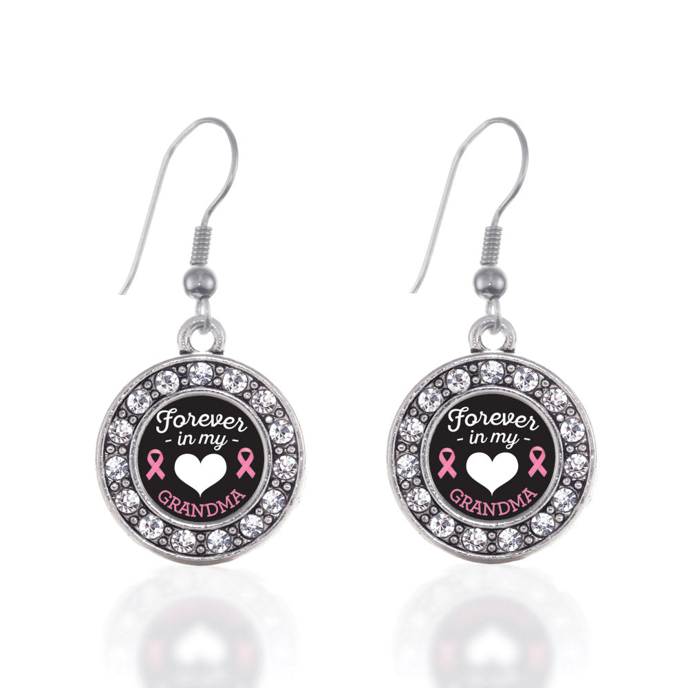 Silver Forever in My Heart Grandma Breast Cancer Support Circle Charm Dangle Earrings