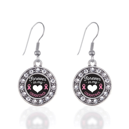 Silver Forever in My Heart Grandma Breast Cancer Support Circle Charm Dangle Earrings