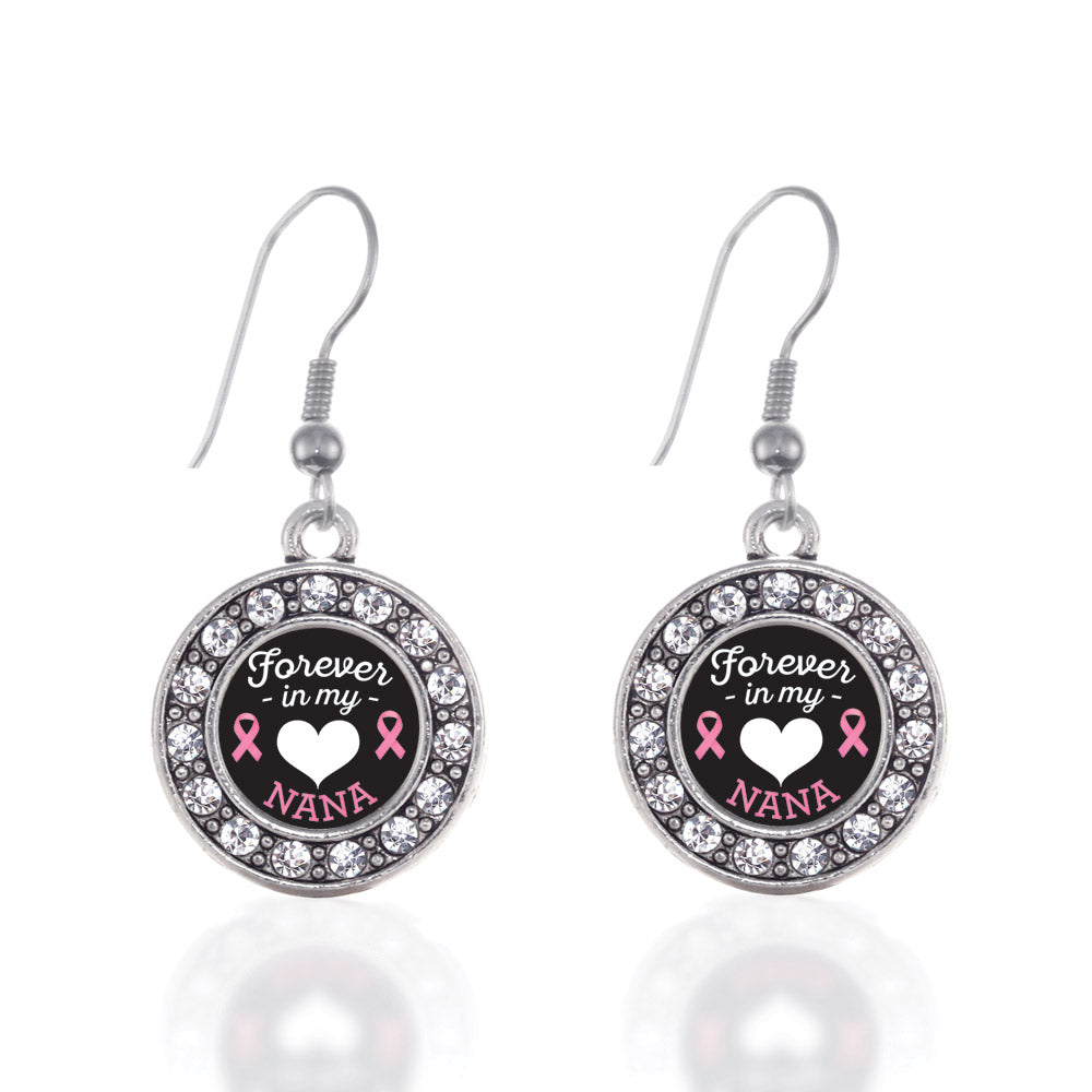 Silver Forever in My Heart Nana Breast Cancer Support Circle Charm Dangle Earrings