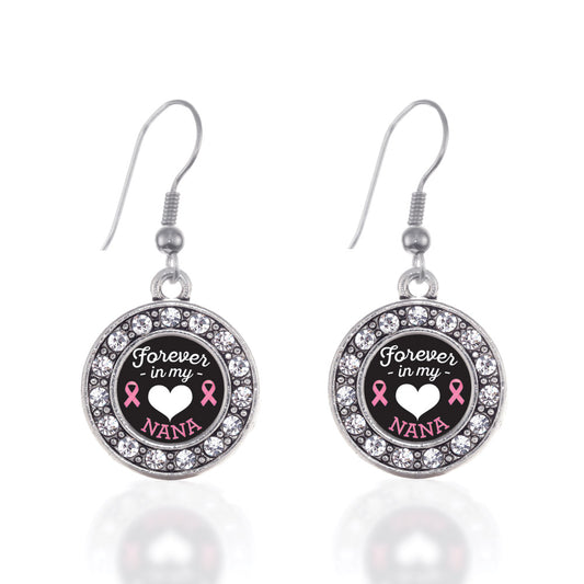 Silver Forever in My Heart Nana Breast Cancer Support Circle Charm Dangle Earrings