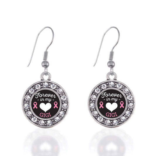 Silver Forever in My Heart Gigi Breast Cancer Support Circle Charm Dangle Earrings