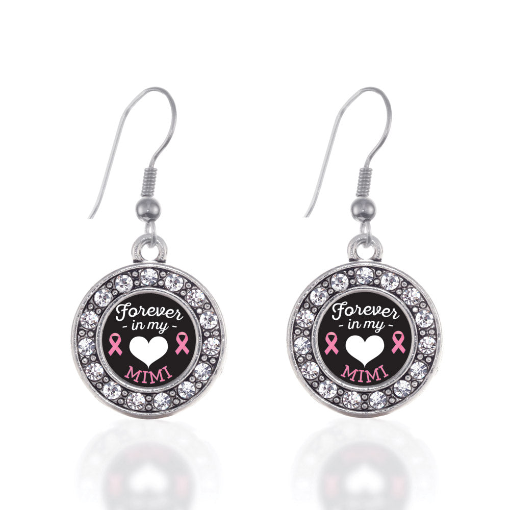Silver Forever in My Heart Mimi Breast Cancer Support Circle Charm Dangle Earrings