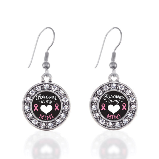 Silver Forever in My Heart Mimi Breast Cancer Support Circle Charm Dangle Earrings