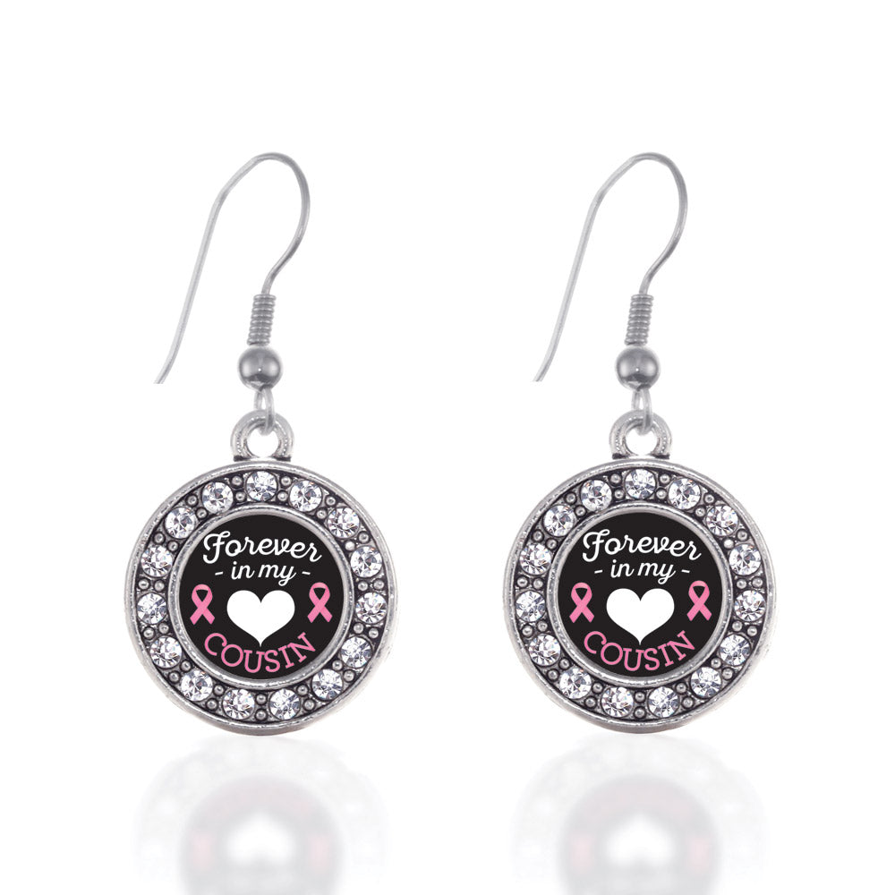 Silver Forever in My Heart Cousin Breast Cancer Support Circle Charm Dangle Earrings