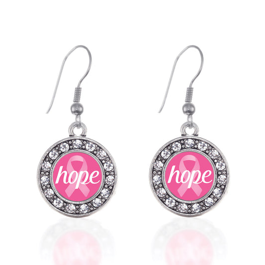 Silver Hope Ribbon Breast Cancer Awareness Circle Charm Dangle Earrings