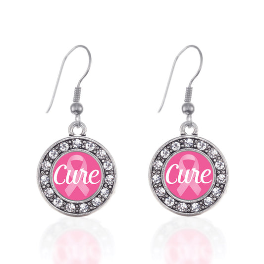 Silver Cure Ribbon Breast Cancer Awareness Circle Charm Dangle Earrings