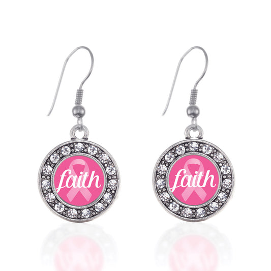 Silver Faith Ribbon Breast Cancer Awareness Circle Charm Dangle Earrings