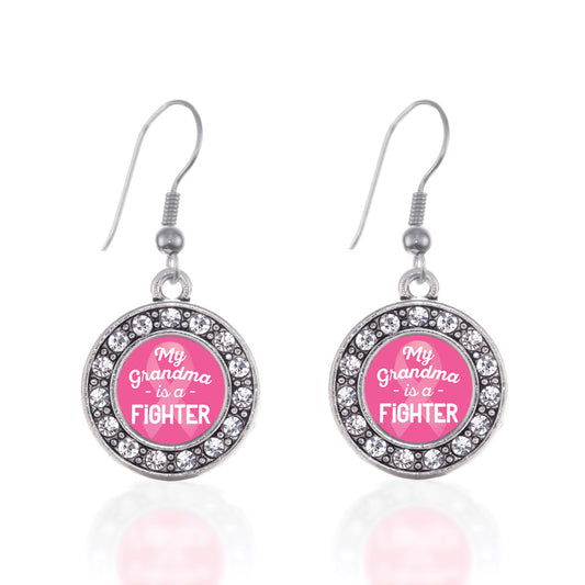 Silver My Grandma is a Fighter Breast Cancer Awareness Circle Charm Dangle Earrings