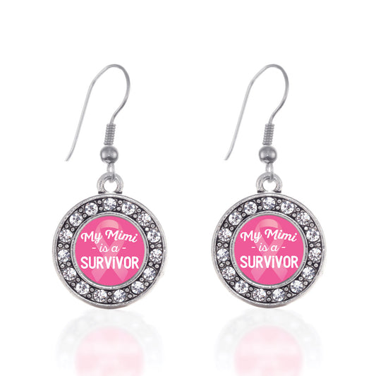 Silver My Mimi is a Survivor Breast Cancer Awareness Circle Charm Dangle Earrings
