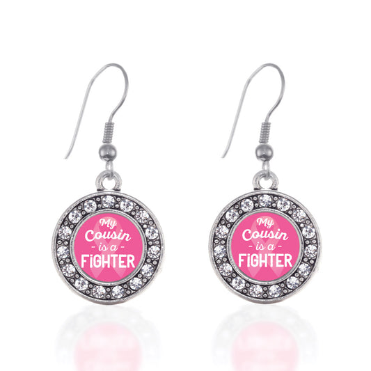 Silver My Cousin is a Fighter Breast Cancer Awareness Circle Charm Dangle Earrings