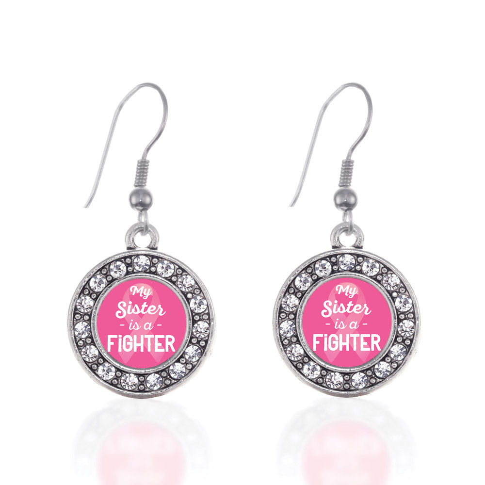 Silver My Sister is a Fighter Breast Cancer Awareness Circle Charm Dangle Earrings