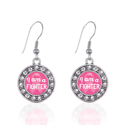 Silver I am a Fighter Breast Cancer Awareness Circle Charm Dangle Earrings