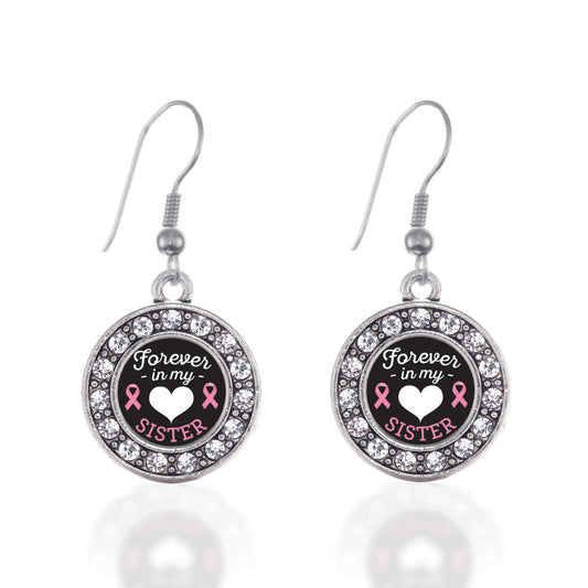 Silver Forever in My Heart Sister Breast Cancer Support Circle Charm Dangle Earrings