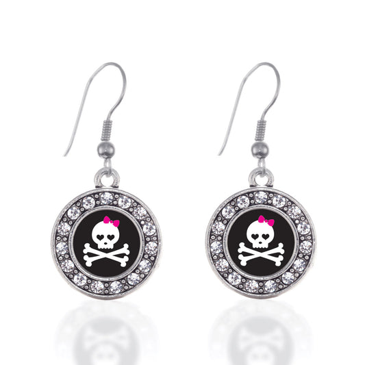 Silver Cute Skull And Crossbones Circle Charm Dangle Earrings