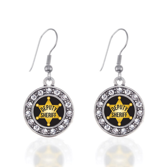 Silver Deputy Sheriff Circle Charm Dangle Earrings