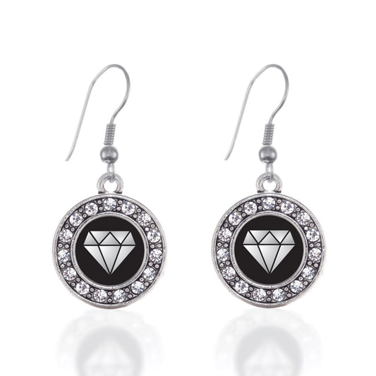 Silver Diamond Circle Charm Dangle Earrings