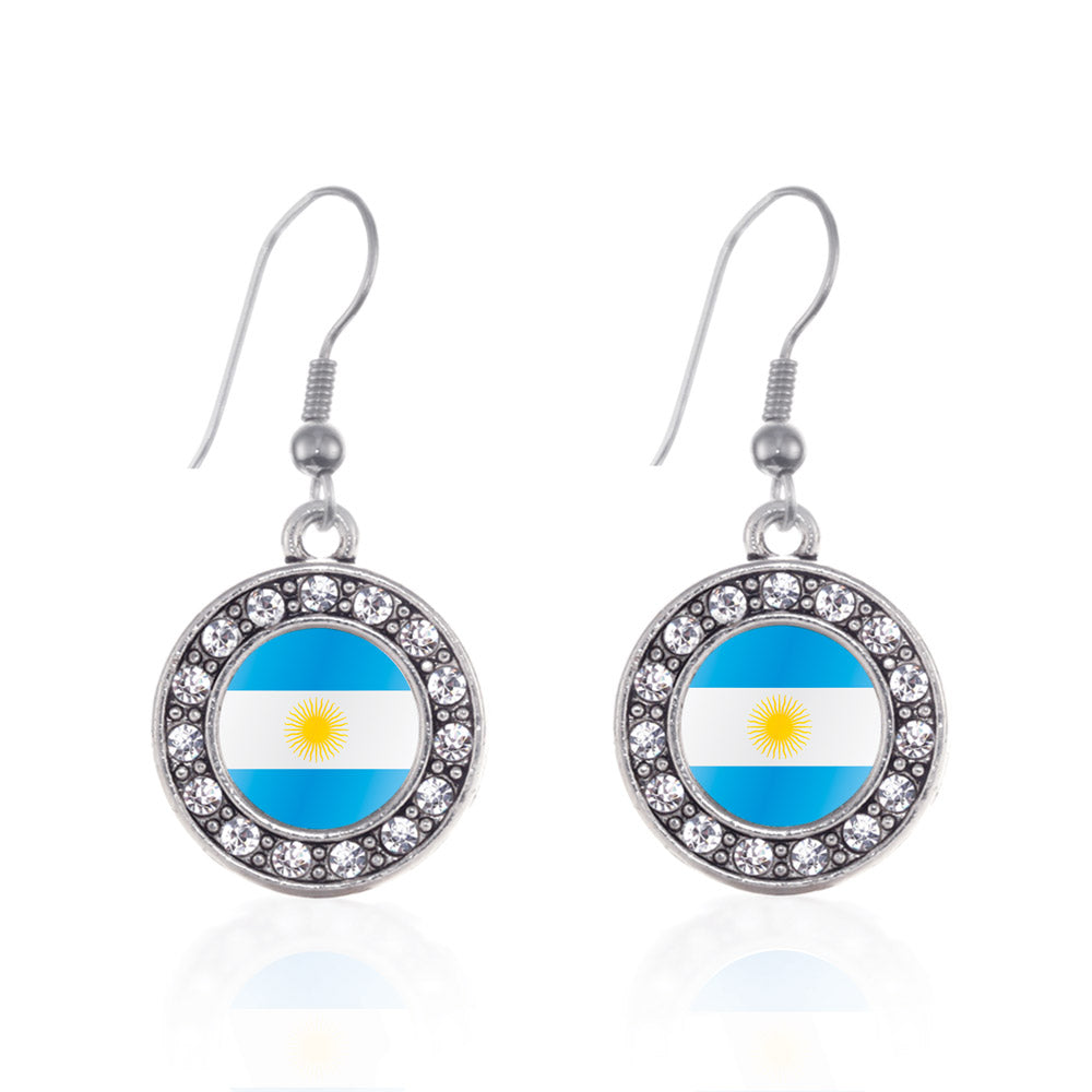 Silver Argentina Flag Circle Charm Dangle Earrings