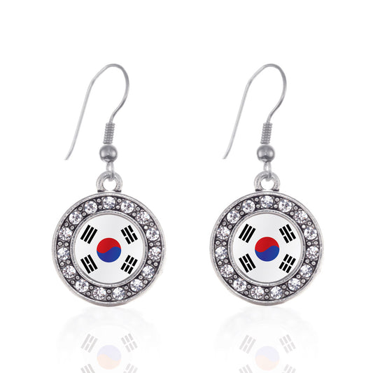 Silver Republic of Korea Flag Circle Charm Dangle Earrings