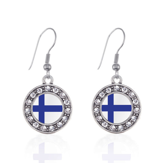 Silver Finland Flag Circle Charm Dangle Earrings