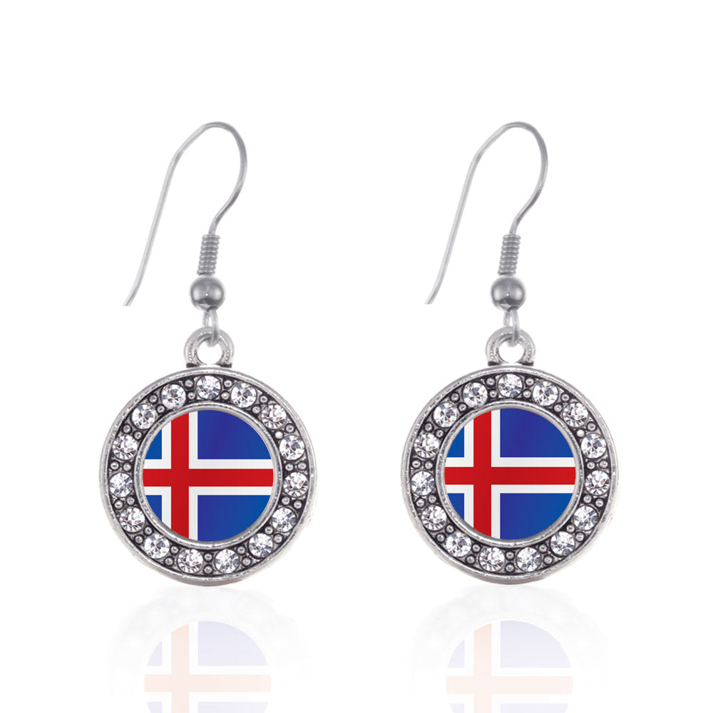 Silver Iceland Flag Circle Charm Dangle Earrings