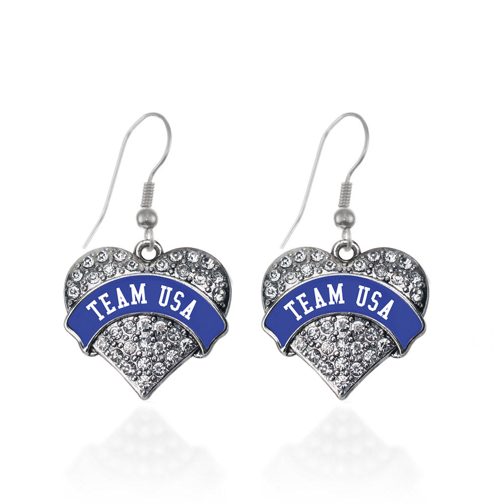 Silver Team USA - Blue Banner Pave Heart Charm Dangle Earrings