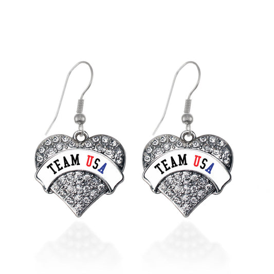 Silver Team USA - White Banner Pave Heart Charm Dangle Earrings