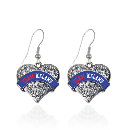 Silver Team Iceland Pave Heart Charm Dangle Earrings