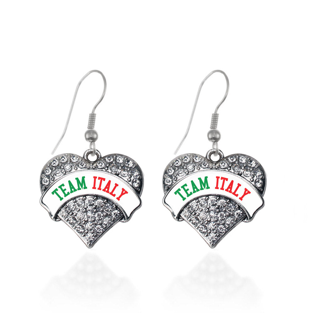 Silver Team Italy Pave Heart Charm Dangle Earrings